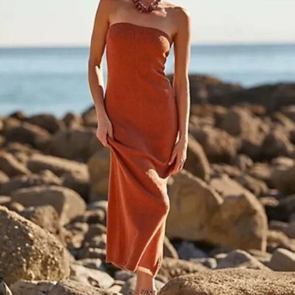 Free People Beach Orange Brown Boho Strapless Knit Rio Sweater Maxi Dress Medium - Picture 1 of 8